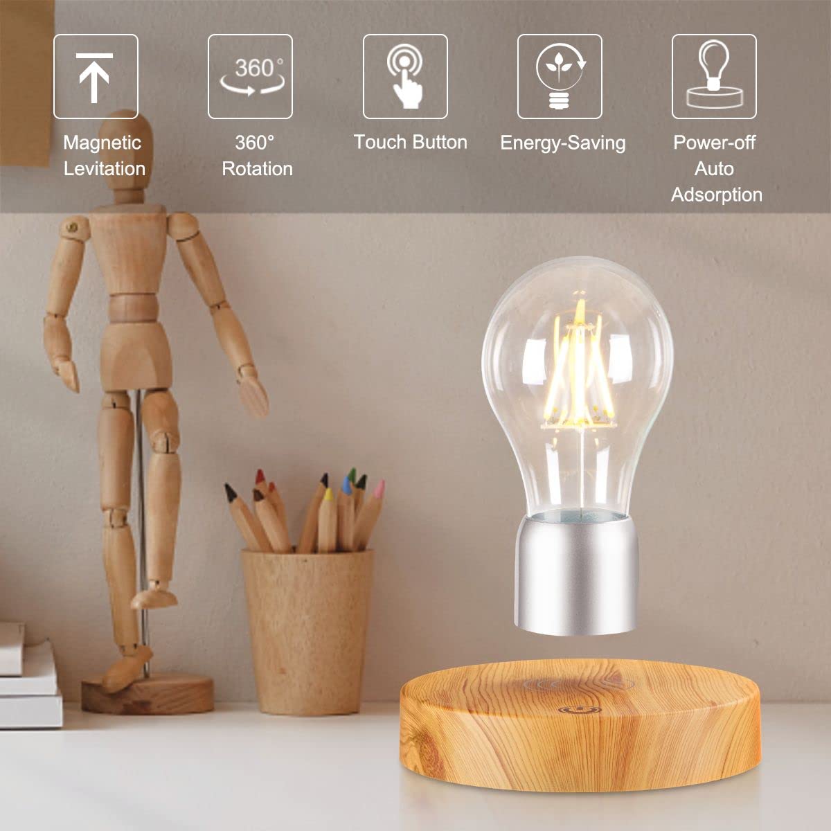 VGAzer Magnetic Levitating Floating Wireless LED Light Bulb Desk Lamp for Unique Gifts, Room Decor, Night Light, Home Office Decor Desk Tech Toys (Round Wooden Base..)