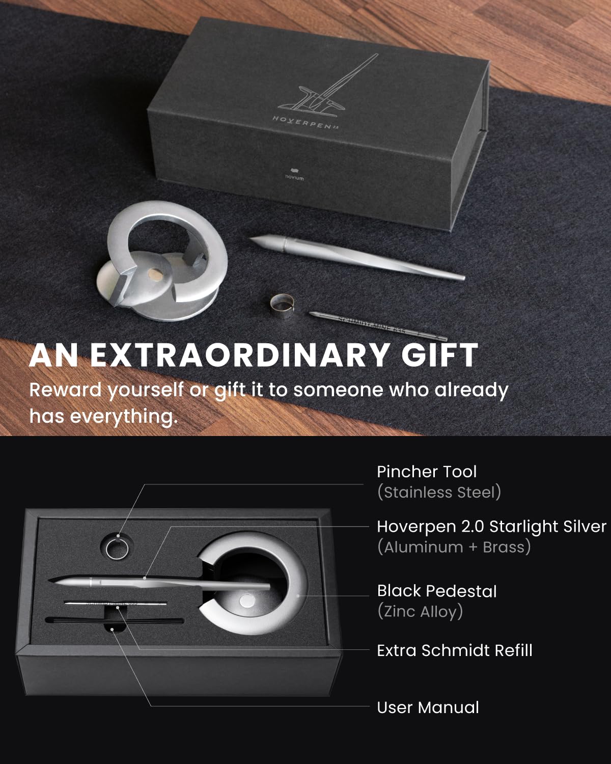 Novium Hoverpen 2.0 Interstellar Edition - Space Black, Ballpoint Pen, Unique Conversational Starter, Premium Futuristic Design, Precision Flow Ink, Schmidt Ballpoint Cartridges