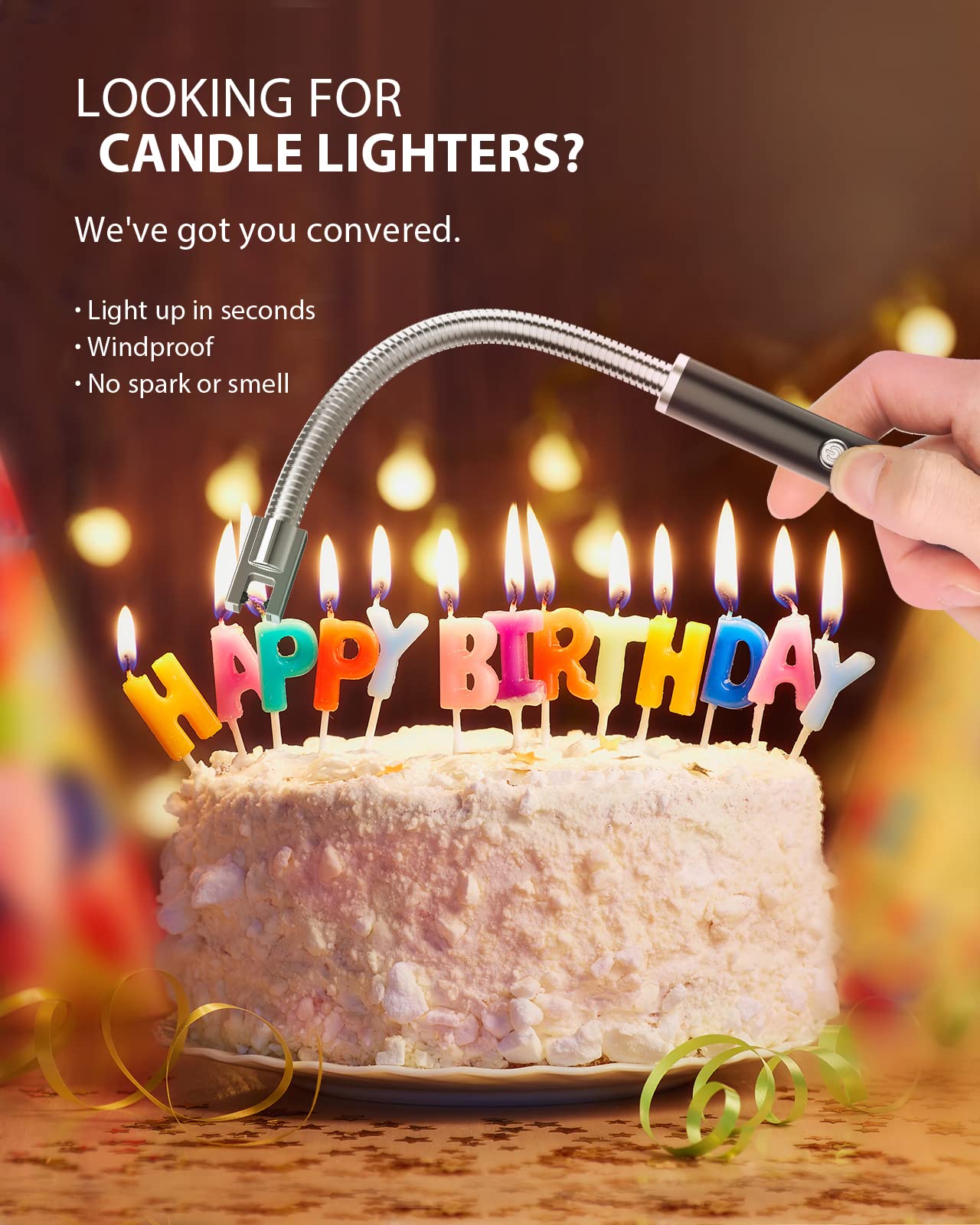 RONXS Candle Lighter, Electric Lighter, Rechargeable Type C Lighters Arc Lighter with LED Battery Display, Flameless Long Lighters for Candles Grill BBQ Camping (Black)