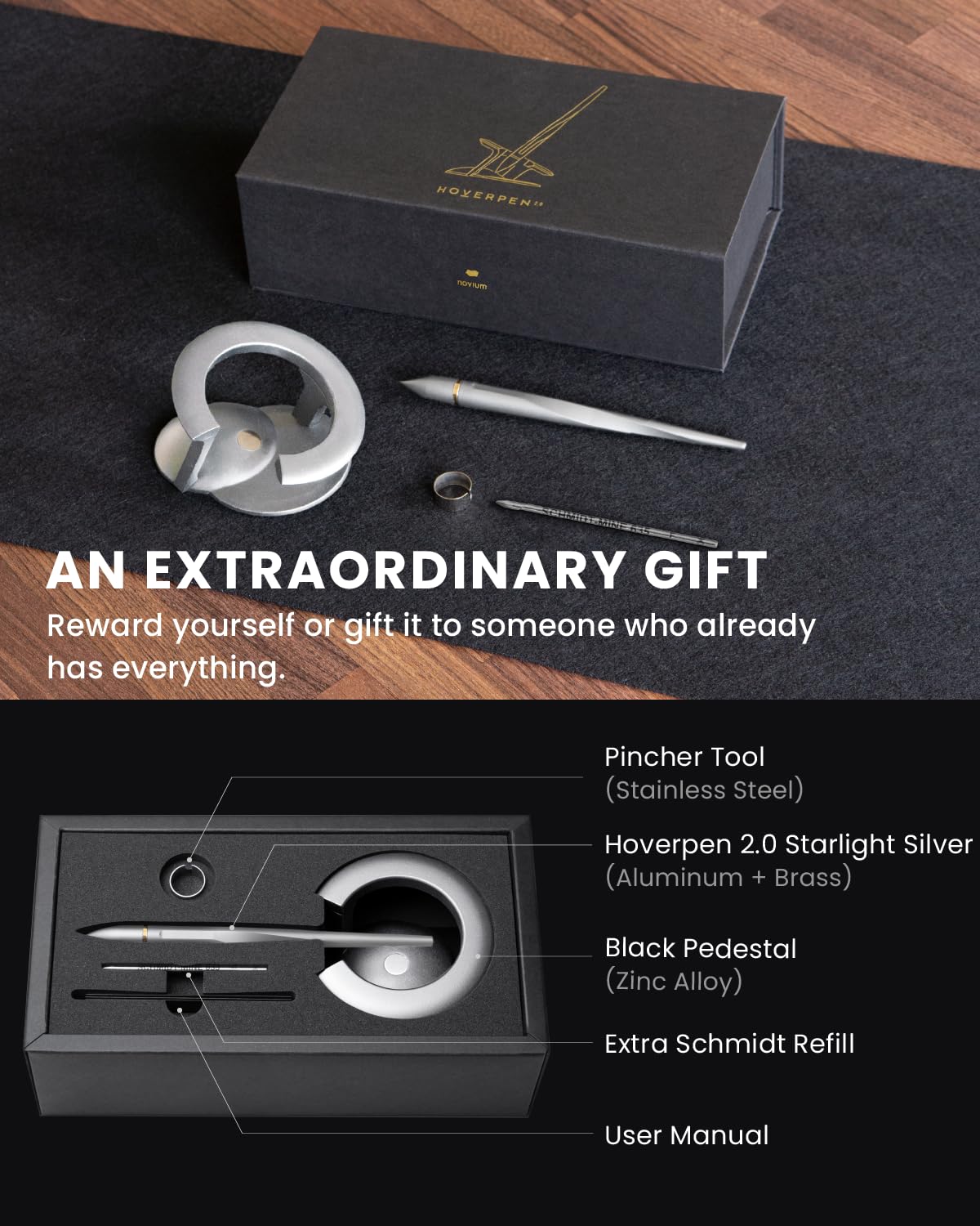 Novium Hoverpen 2.0 Interstellar Edition - Space Black, Ballpoint Pen, Unique Conversational Starter, Premium Futuristic Design, Precision Flow Ink, Schmidt Ballpoint Cartridges