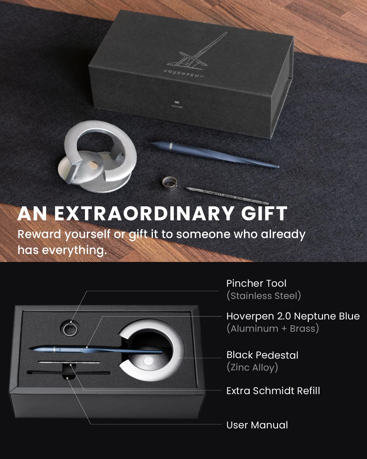 Novium Hoverpen 2.0 Interstellar Edition - Space Black, Ballpoint Pen, Unique Conversational Starter, Premium Futuristic Design, Precision Flow Ink, Schmidt Ballpoint Cartridges